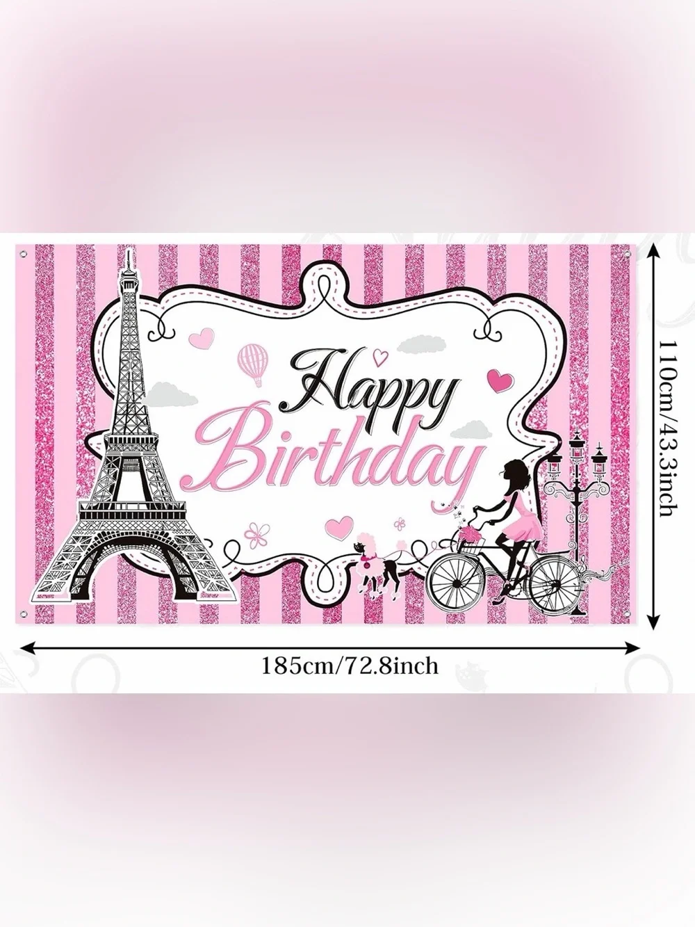Happy Birthday Paris Backdrop - Pink Striped Party Banner